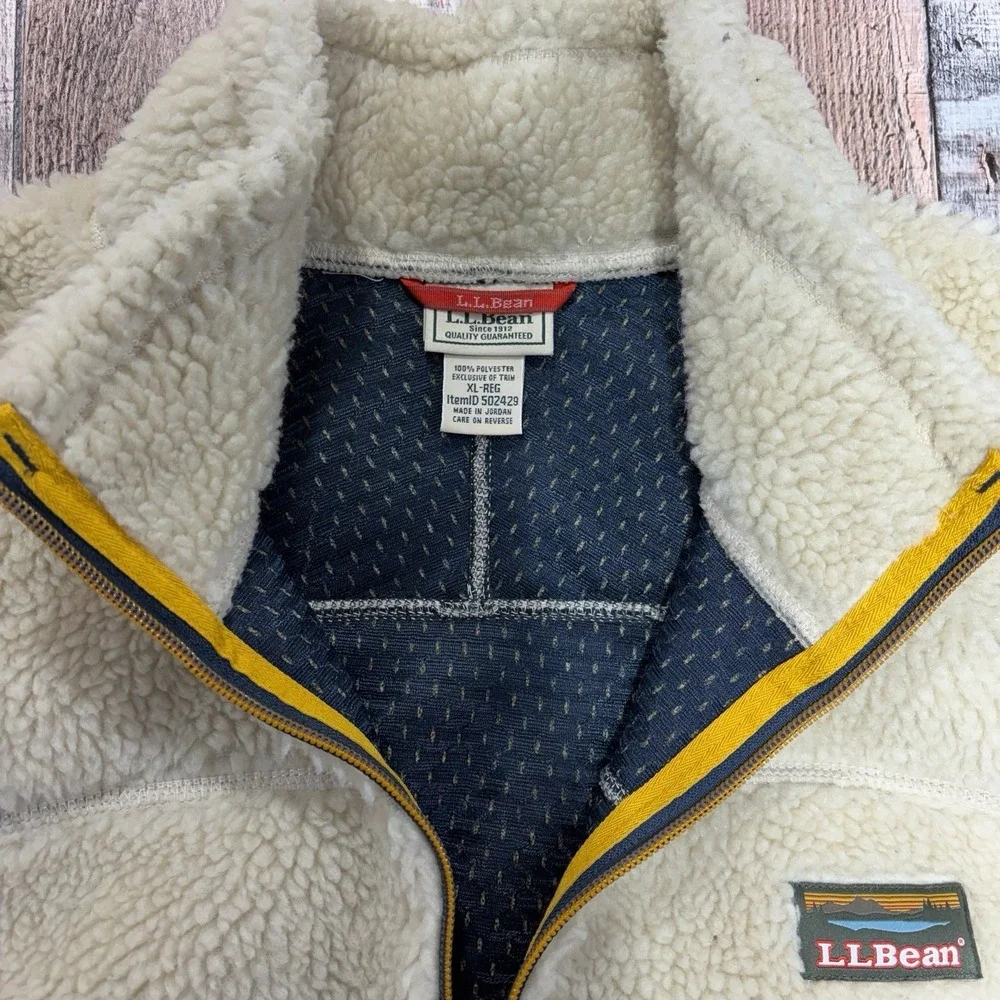 L.L.Bean Sherpa Fleece Vest Mens XL Ivory Full Zip Outdoor Hiking Camping Warm